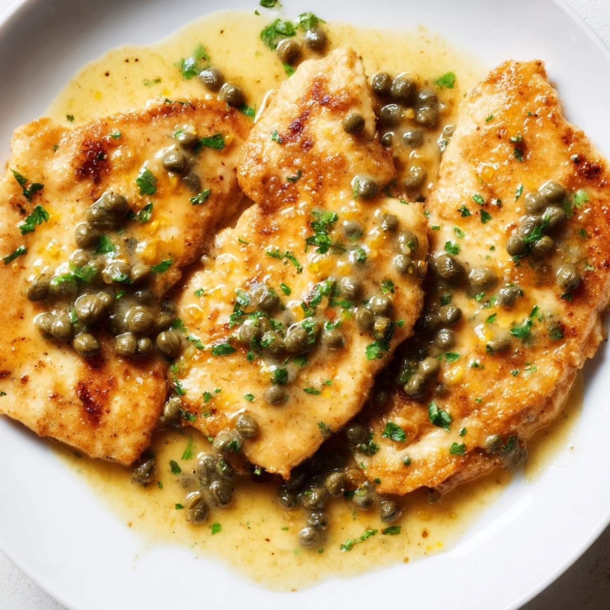 A skillet of Chicken Piccata with capers and lemon juice, featuring saucy chicken cutlets ready to be served for dinner.  