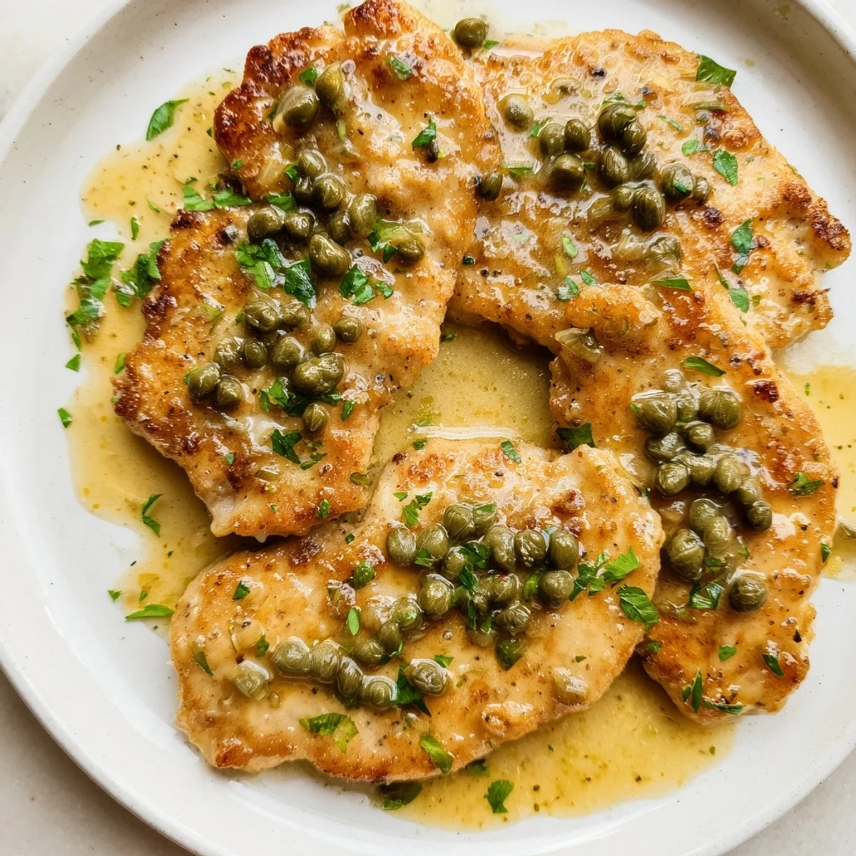 Golden-brown Chicken Piccata with capers and lemon juice, served alongside tender linguine pasta with fresh parsley garnish.  