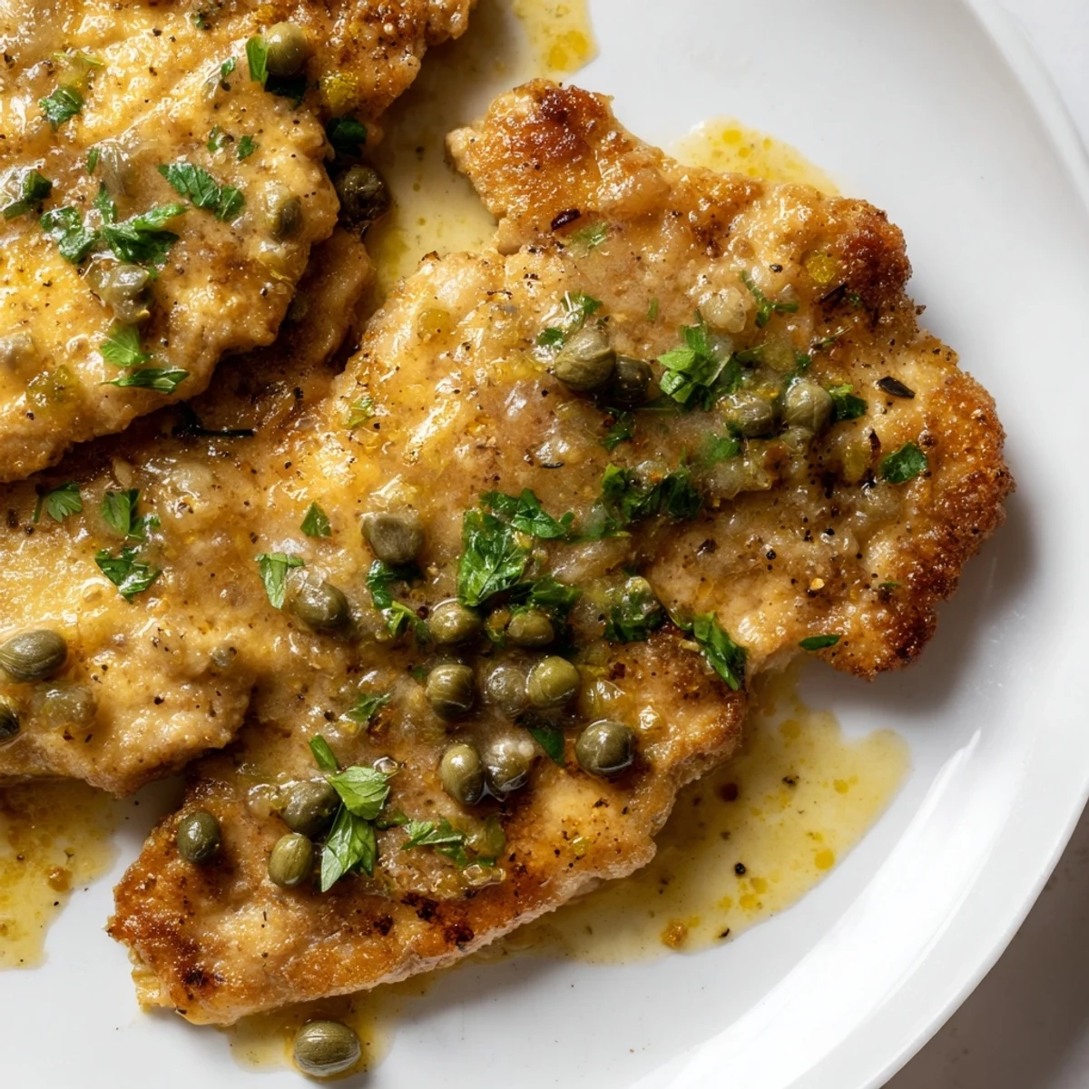 Plated Chicken Piccata with capers and lemon juice, drizzled with bright, tangy sauce over golden-brown chicken and parsley.