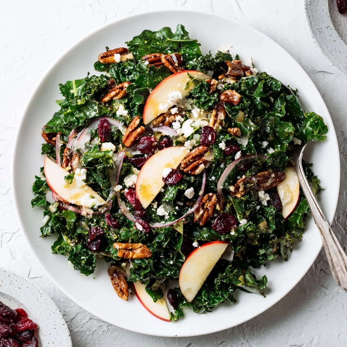A close-up of Winter Kale Salad with Pecans and Cranberries, tossed in a shiny maple-Dijon vinaigrette, ready to serve.