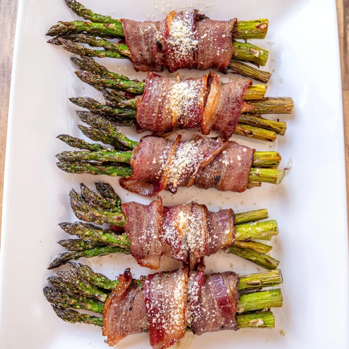 Crispy Beef Bacon Wrapped Asparagus Bundles glisten with golden bacon, savory and tender spears on a rustic platter for appetizer platters.