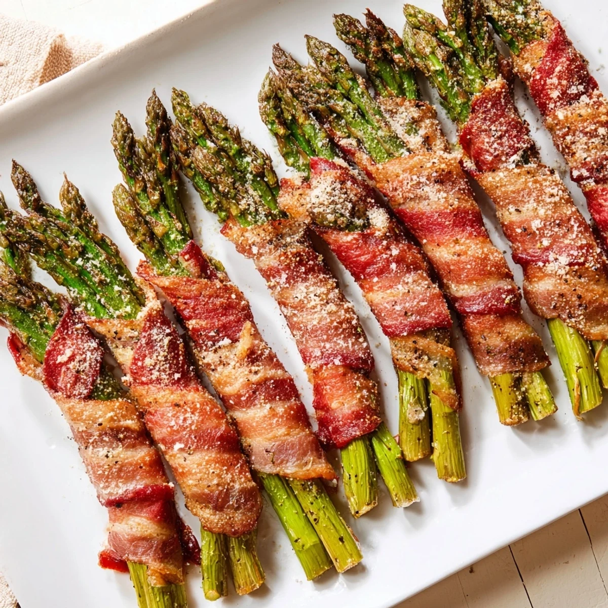 Golden, crunchy Crispy Beef Bacon Wrapped Asparagus Bundles arranged neatly with Parmesan garnish, served warm as a gluten-free side or snack.