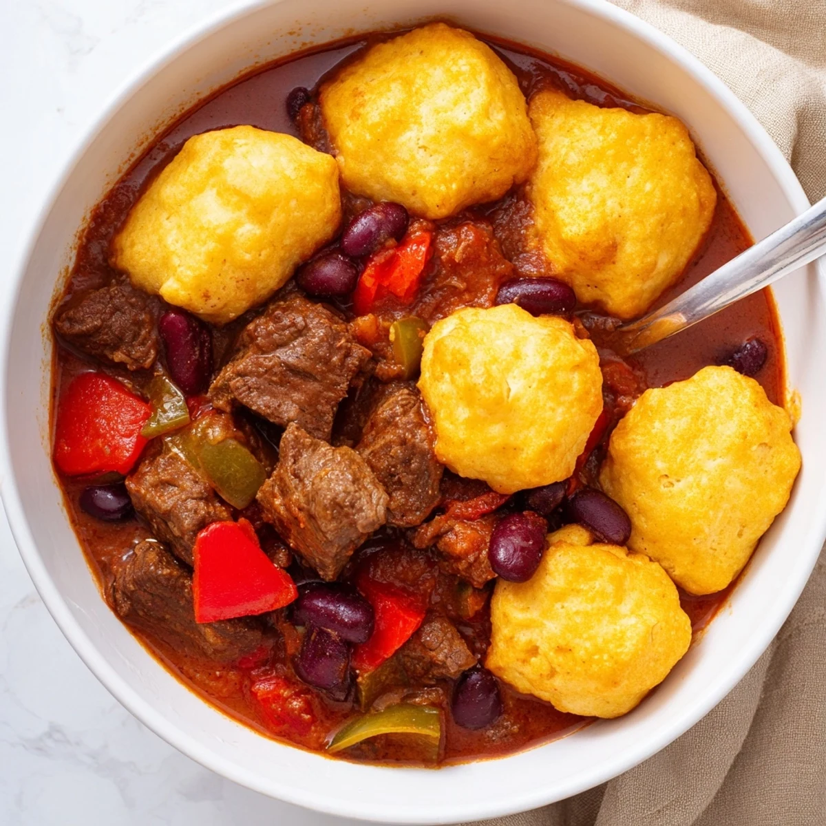 A hearty bowl of Beef Chili with Cornbread Dumplings, featuring a rich, thick stew of tender beef, beans, and spices.