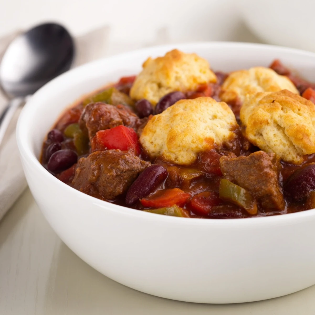 Beef Chili with Cornbread Dumplings served steaming in a cast-iron pot, with fluffy golden dumplings baked directly on top.