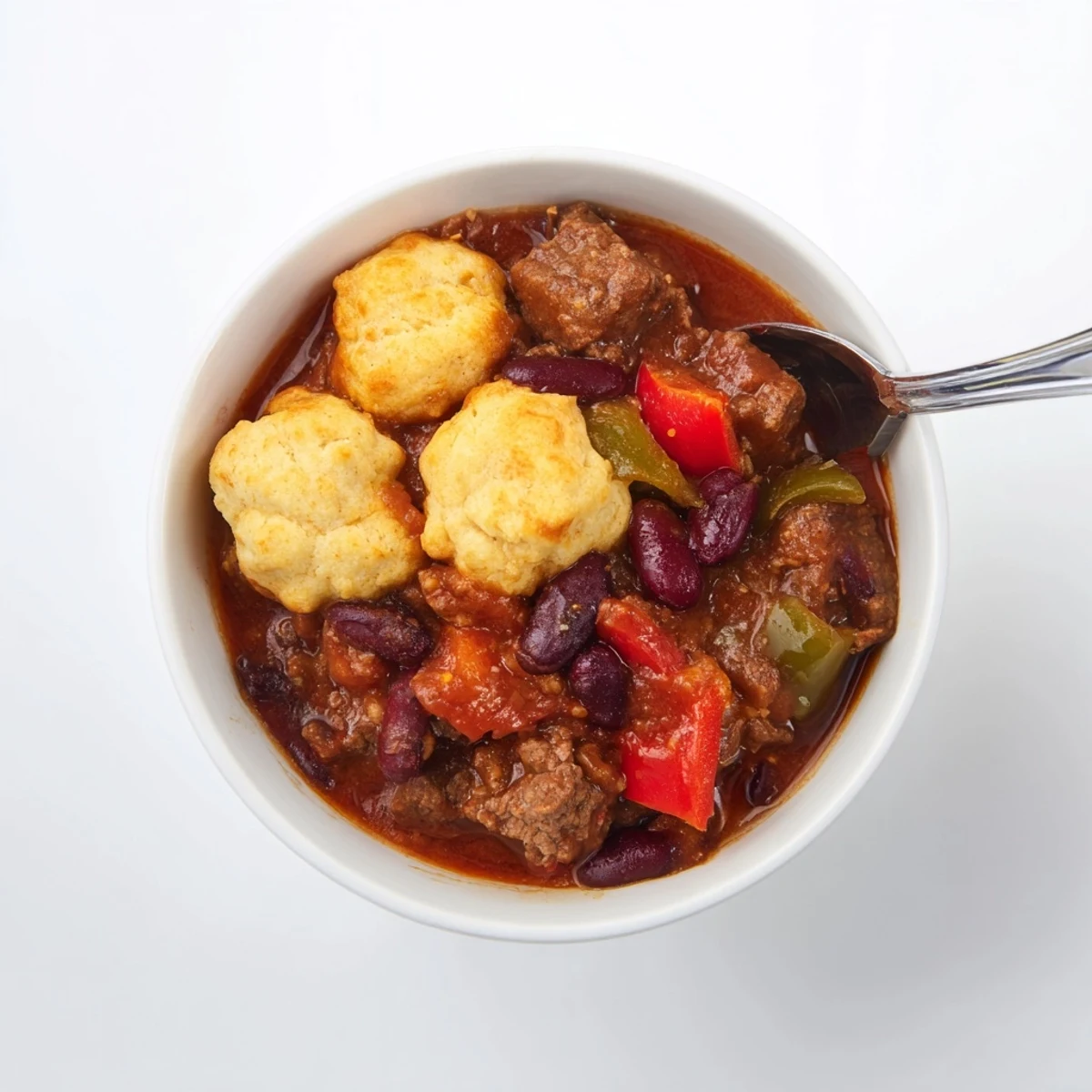 Close-up of Beef Chili with Cornbread Dumplings, showing the moist, crumbly cornbread topping next to a spoonful of savory chili.