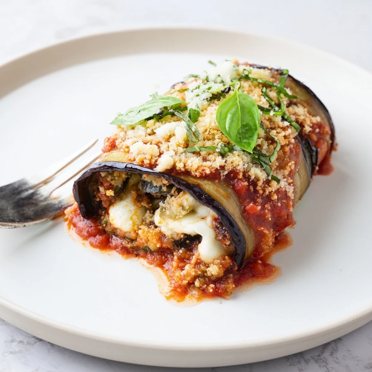 Golden-baked eggplant rollatini filled with creamy ricotta and herbs, nestled in a pool of rich tomato sauce.