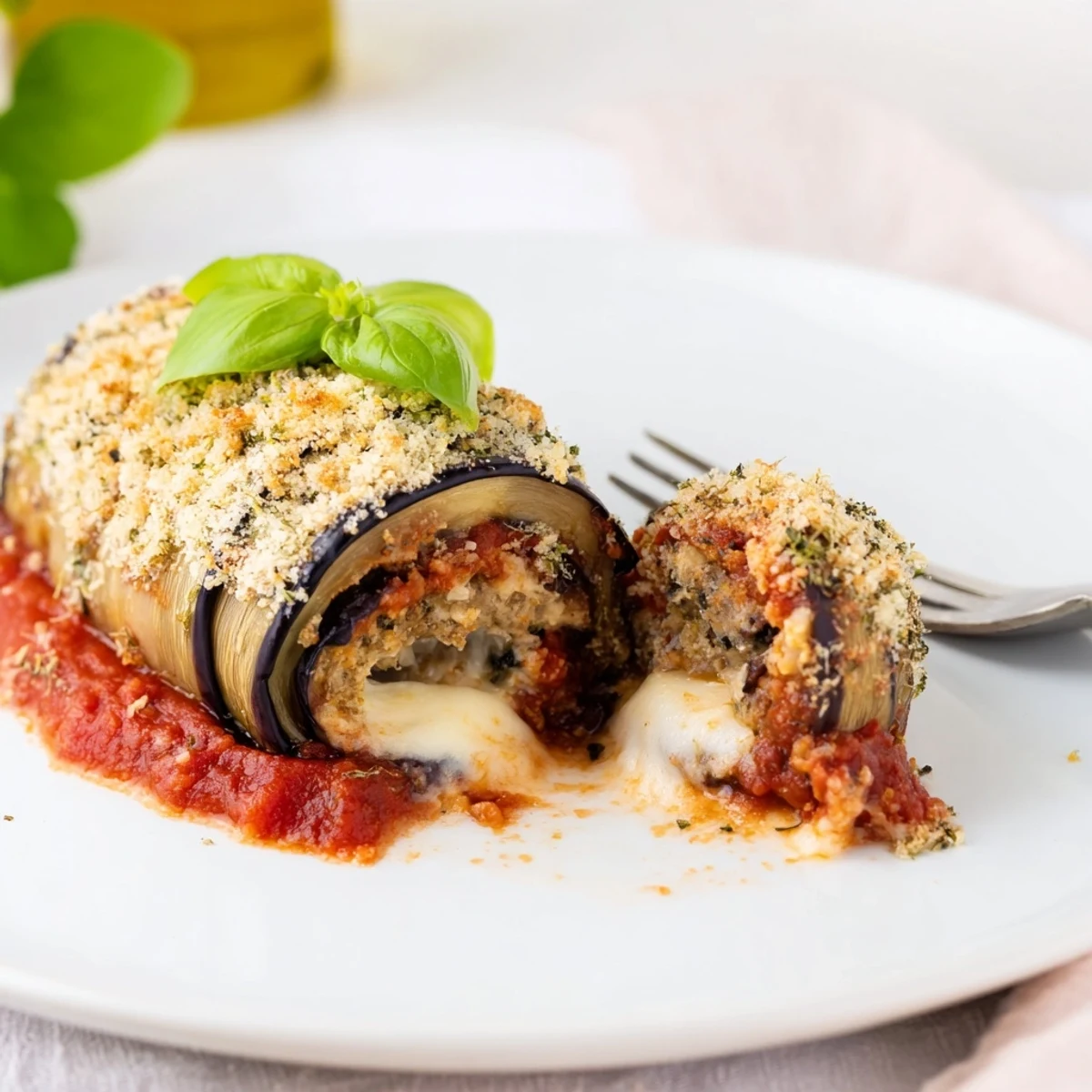 Tender roasted eggplant slices rolled around ricotta, baked with mozzarella and served with rustic Italian bread.