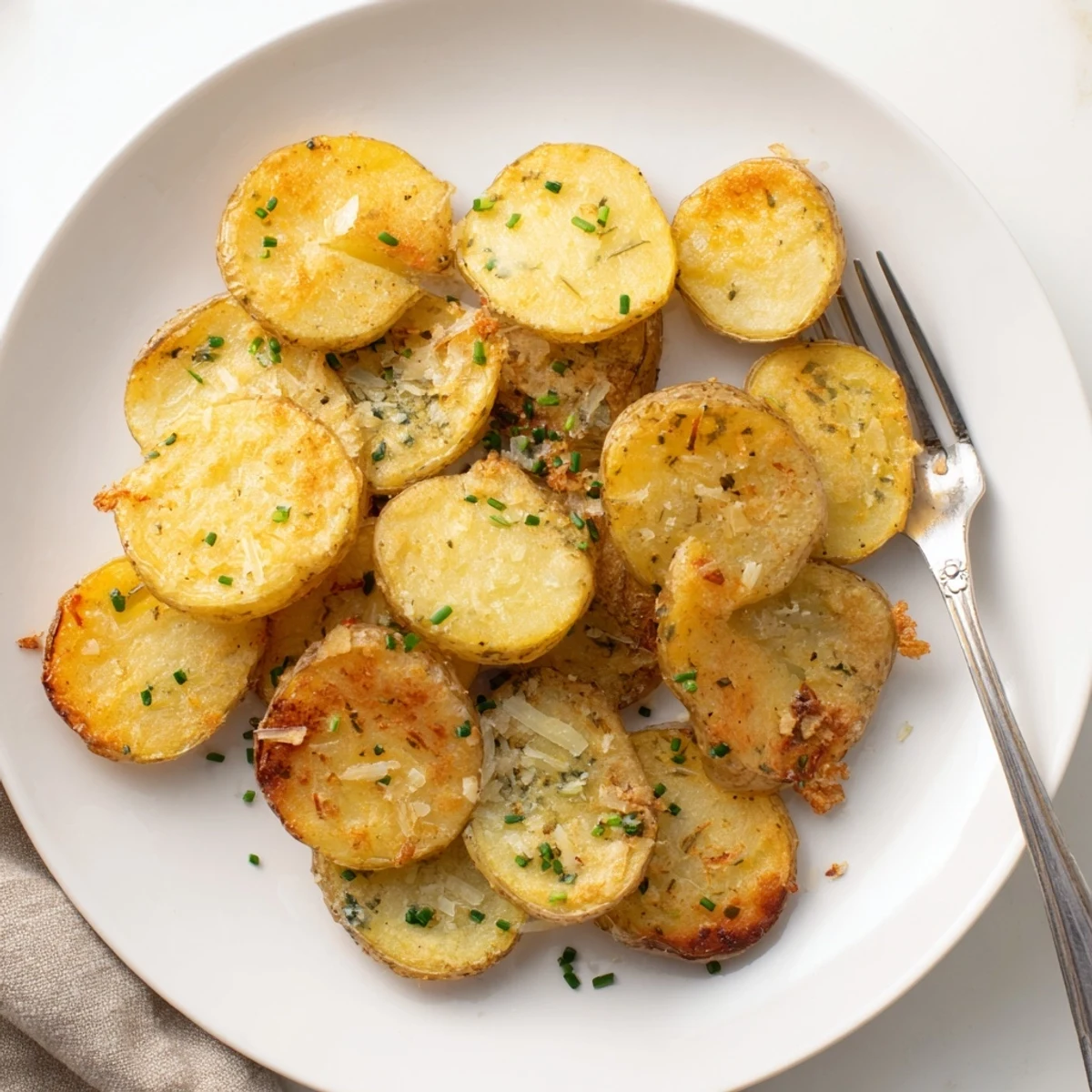 Crispy Garlic Parmesan Smashed Potatoes with Chives are golden-edged and fluffy, brushed with garlic butter and topped with fresh herbs for a savory side dish.