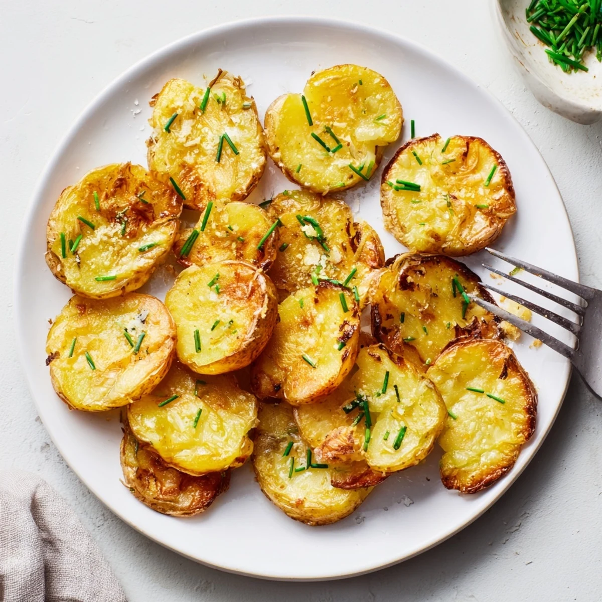 A close-up view shows roasted Garlic Parmesan Smashed Potatoes with Chives, featuring melted cheese, glistening olive oil, and vibrant green chives on a rustic baking sheet.