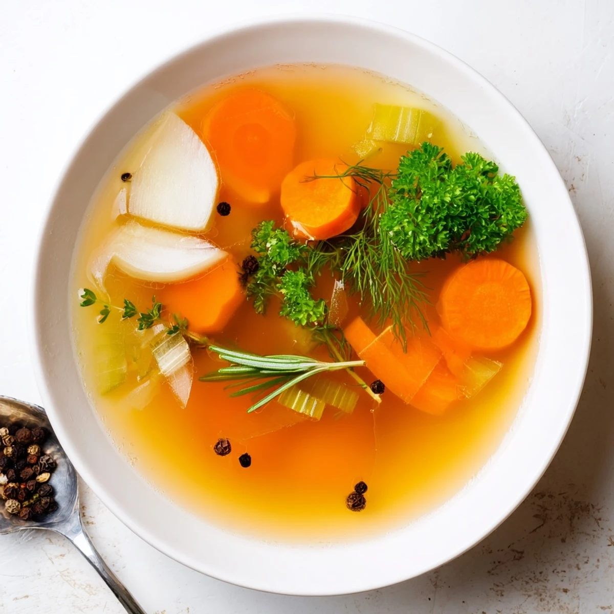 A clear glass bowl of golden Homemade Vegetable Broth with Fresh Herbs, featuring visible slices of carrot, celery, and a sprig of thyme.