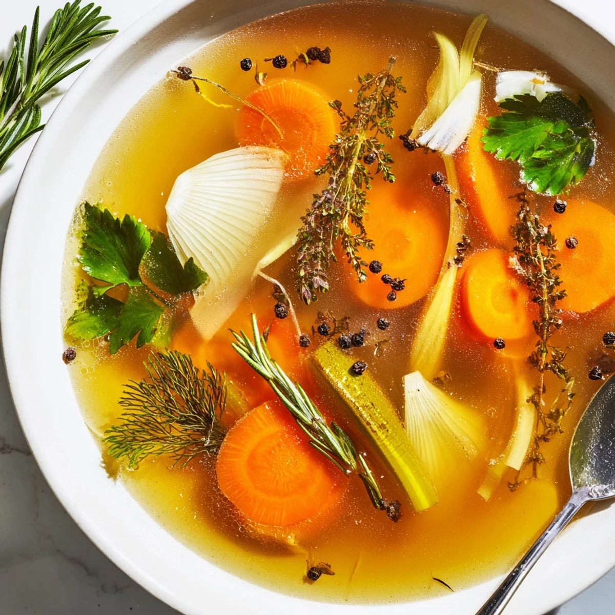 Straining freshly made Homemade Vegetable Broth with Fresh Herbs through a fine sieve into a glass bowl, ready for storing or using in recipes.
