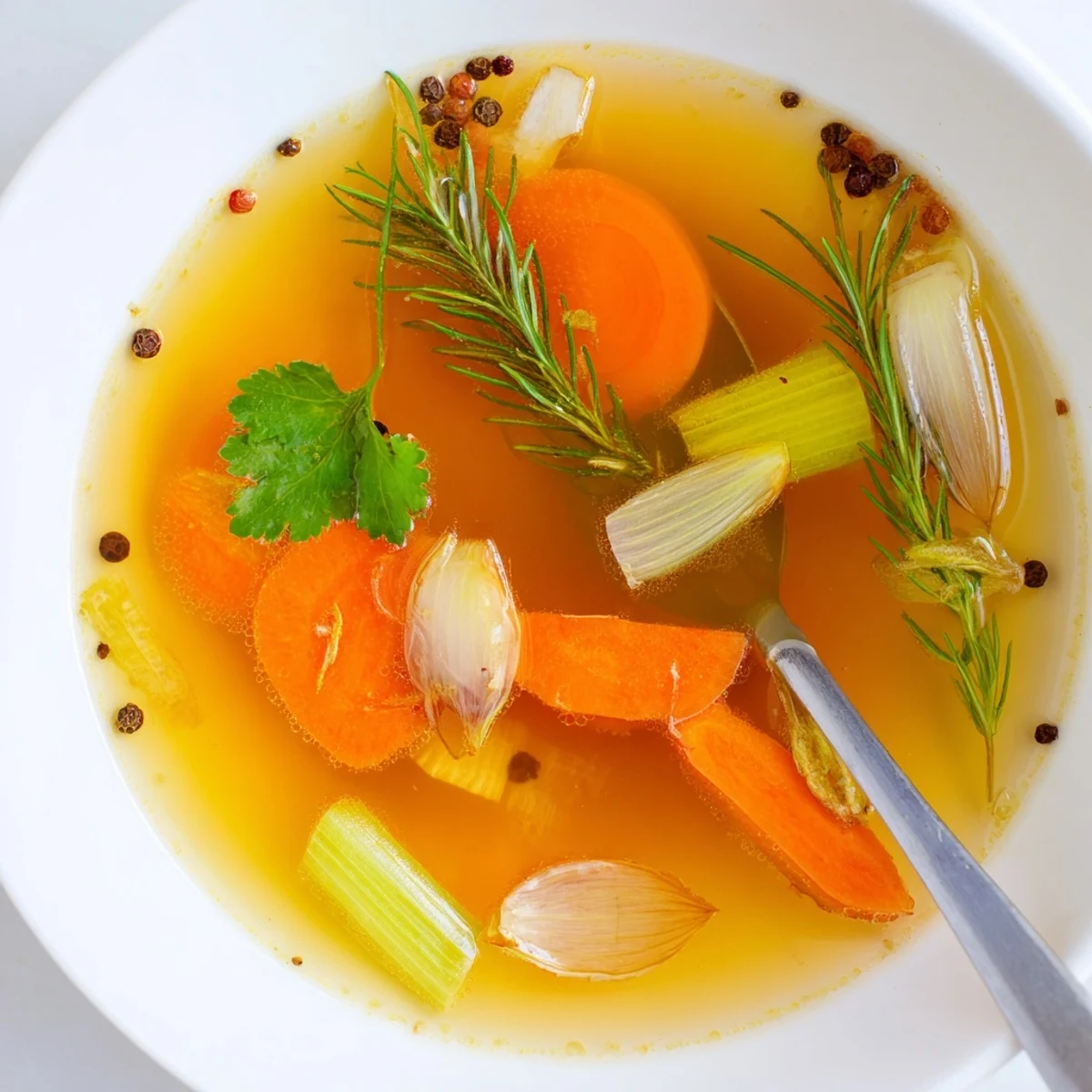 Homemade Vegetable Broth with Fresh Herbs steaming in a white pot, surrounded by fresh carrots, celery, onions, and parsley on a rustic countertop.
