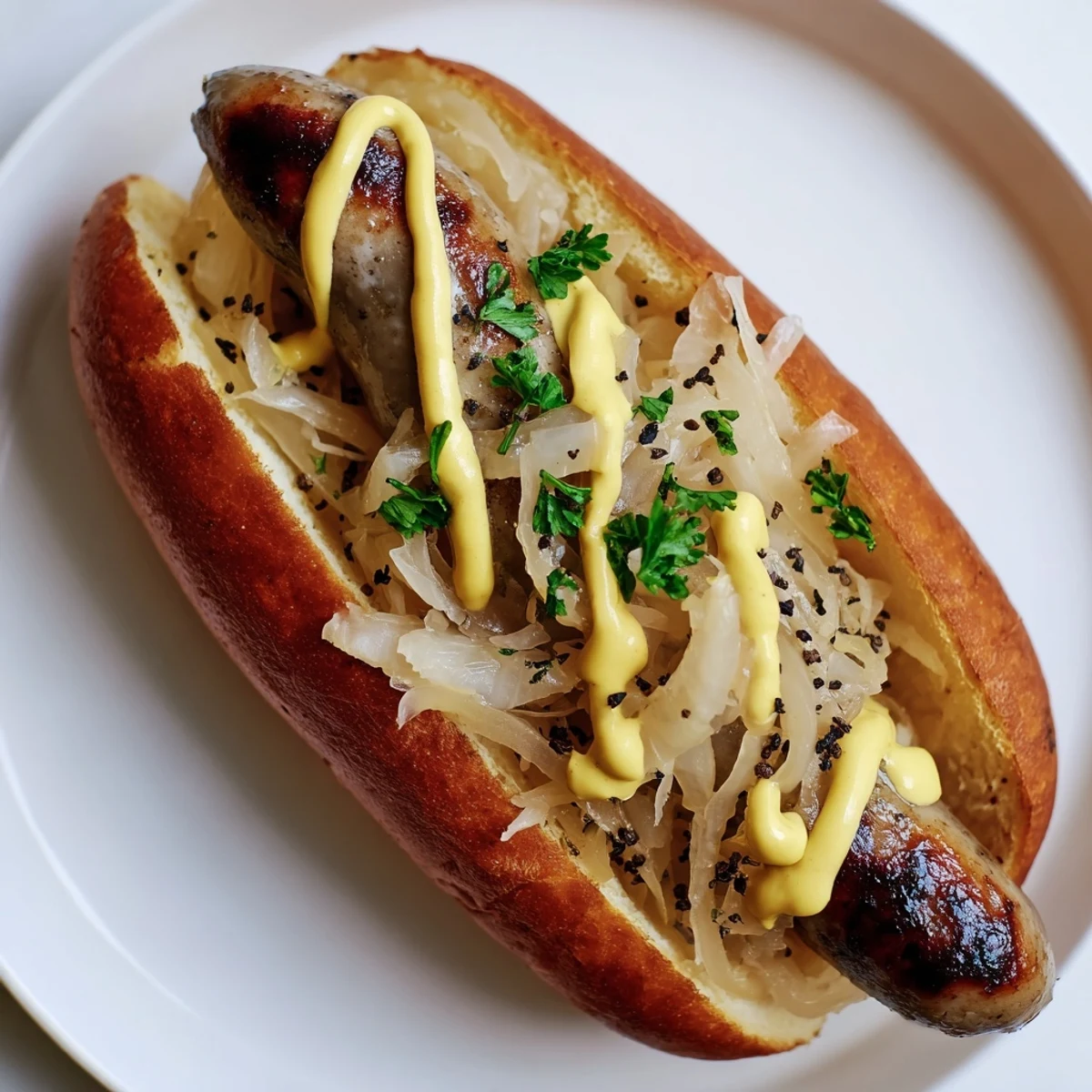 Golden-brown grilled Tailgate Bratwurst with Sauerkraut on toasted buns, ready to serve at an outdoor party.
