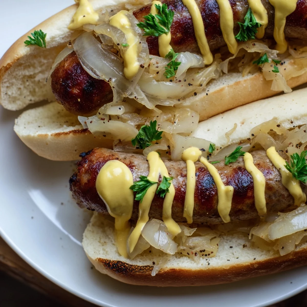 Freshly grilled halal bratwurst topped with tangy sauerkraut and mustard, perfect for a backyard tailgate spread.