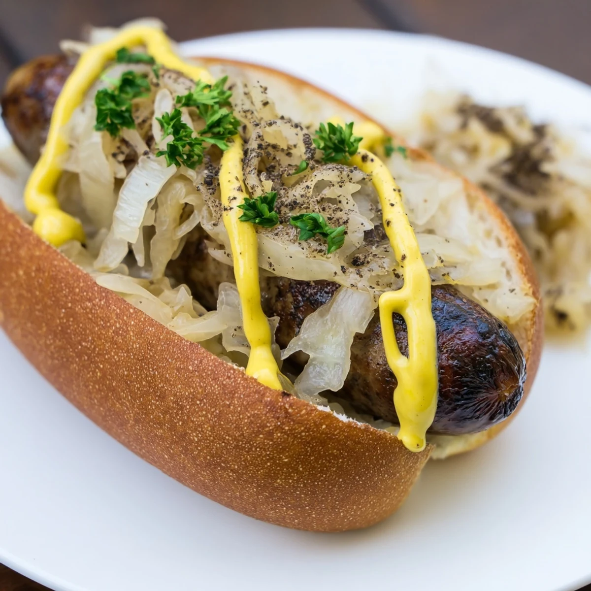Juicy Tailgate Bratwurst with Sauerkraut served hot with pickles and mustard on a wooden picnic table.
