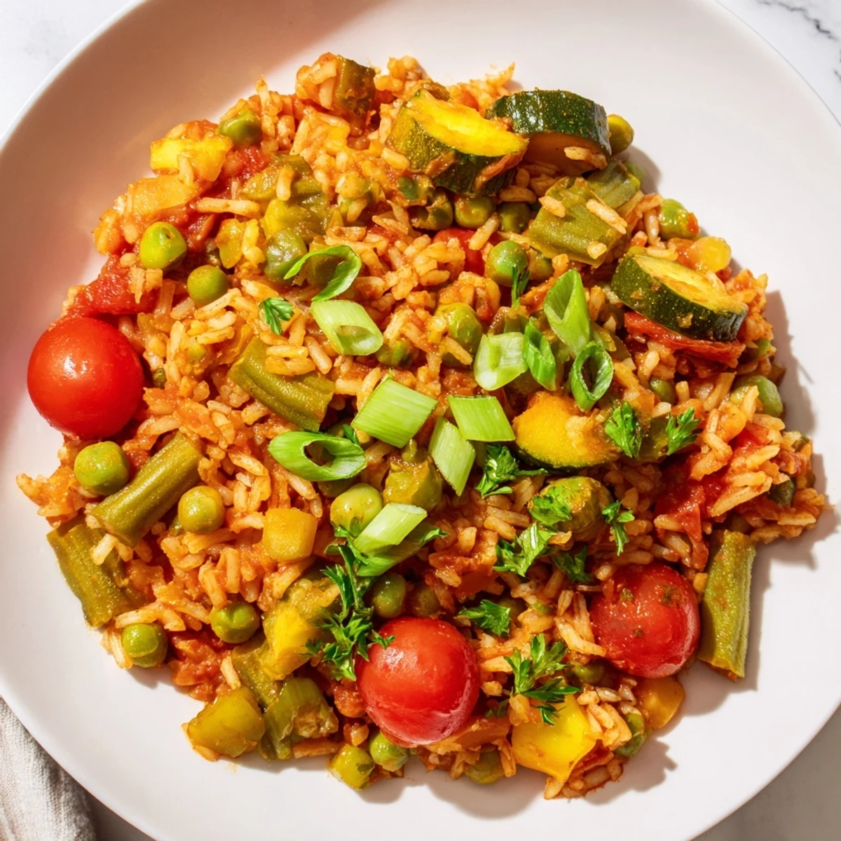 A close-up of Mardi Gras Veggie Jambalaya in a Dutch oven, showcasing vibrant red and green peppers and tender okra.