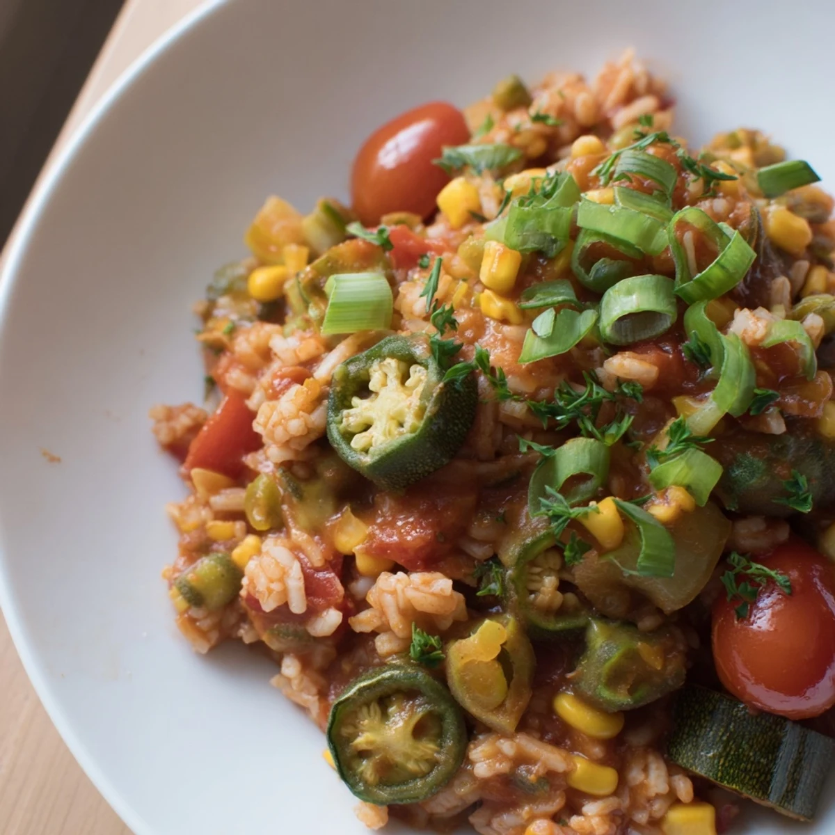 Steaming pot of Mardi Gras Veggie Jambalaya featuring fluffy rice and Creole-spiced vegetables, ready to be served.