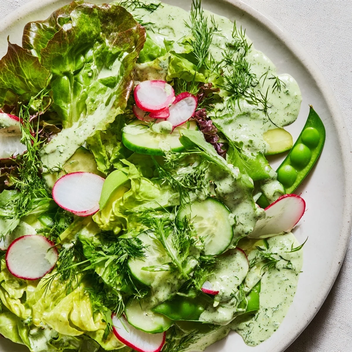 A close-up of Green Salad with Green Goddess Dressing, drizzled over vibrant greens and fresh herbs for a light meal.