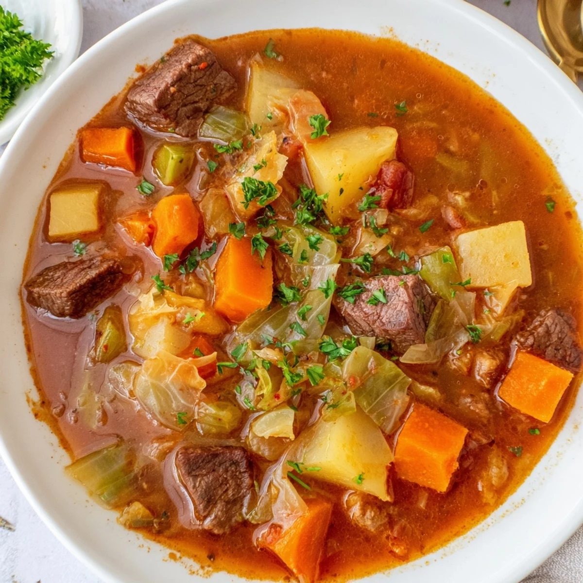 A warm bowl of St. Patrick's Day Cabbage and Beef Soup, featuring tender chunks of halal beef and vibrant green cabbage in a savory broth.