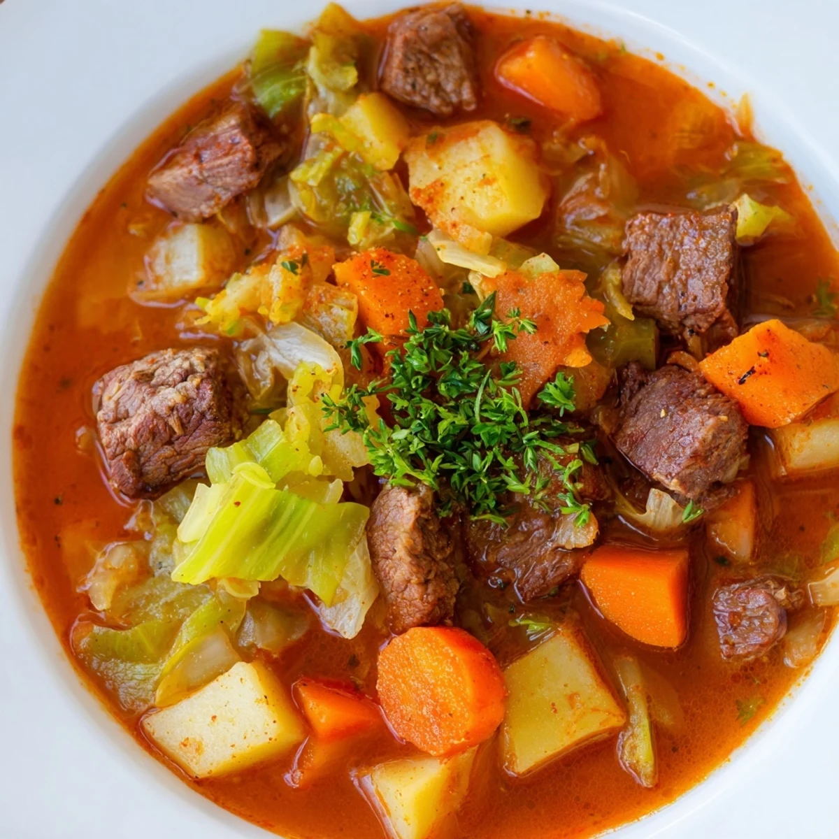 This hearty St. Patrick's Day Cabbage and Beef Soup simmers with root vegetables, ready to be served hot with crusty bread for dipping.