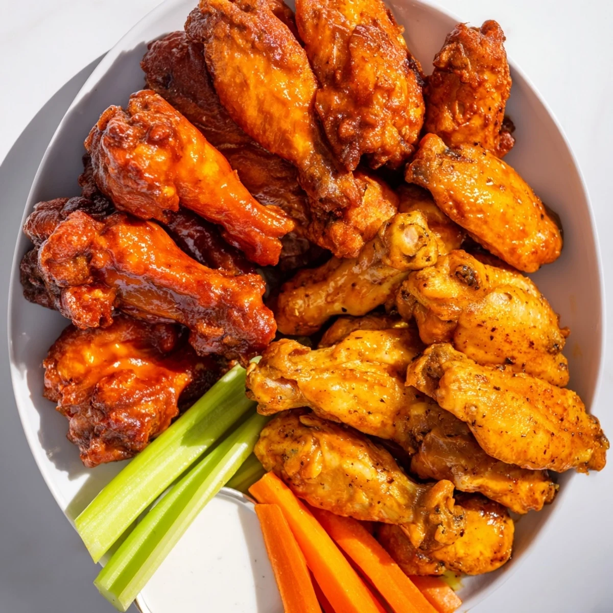 Golden-brown crispy chicken wings on a platter, tossed in Buffalo sauce with celery and carrot sticks for dipping, perfect for game day.  