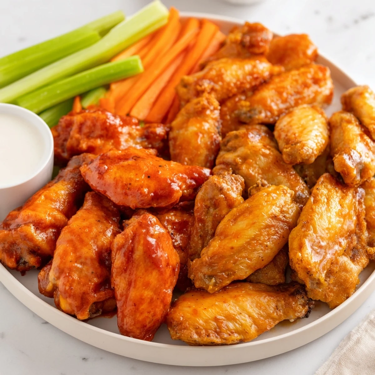 A crowd-pleasing Big Game Wing Platter with honey barbecue and ranch dipping sauces, served hot alongside fresh crisp veggies.  