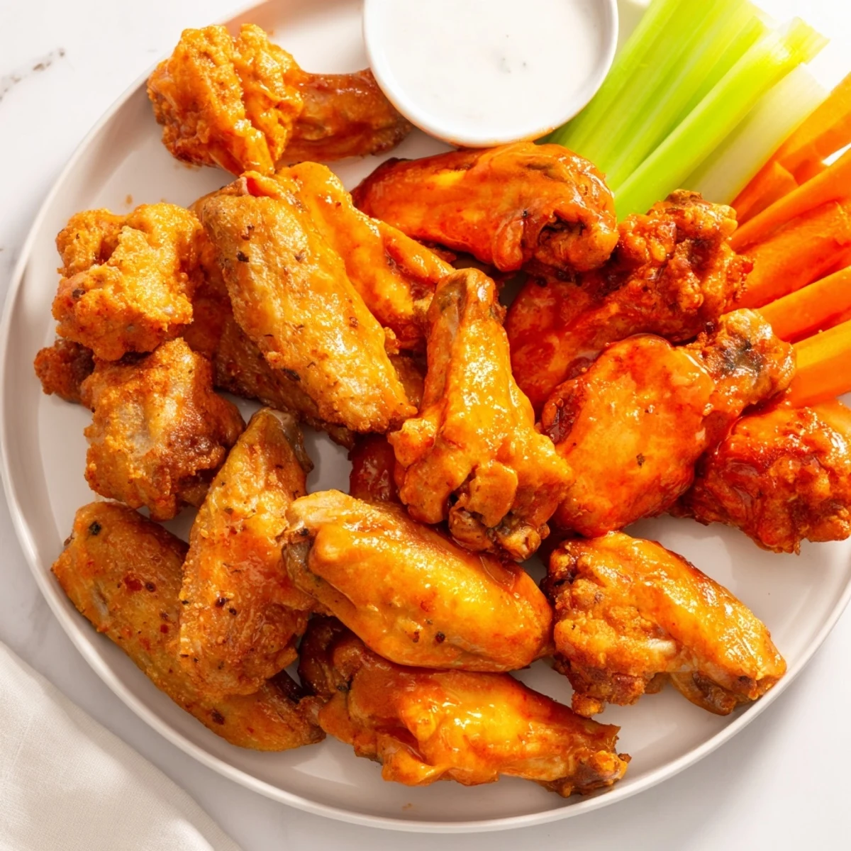 Savory Big Game Wing Platter featuring golden baked wings with smoky paprika, drizzled with tangy sauces and fresh chives.