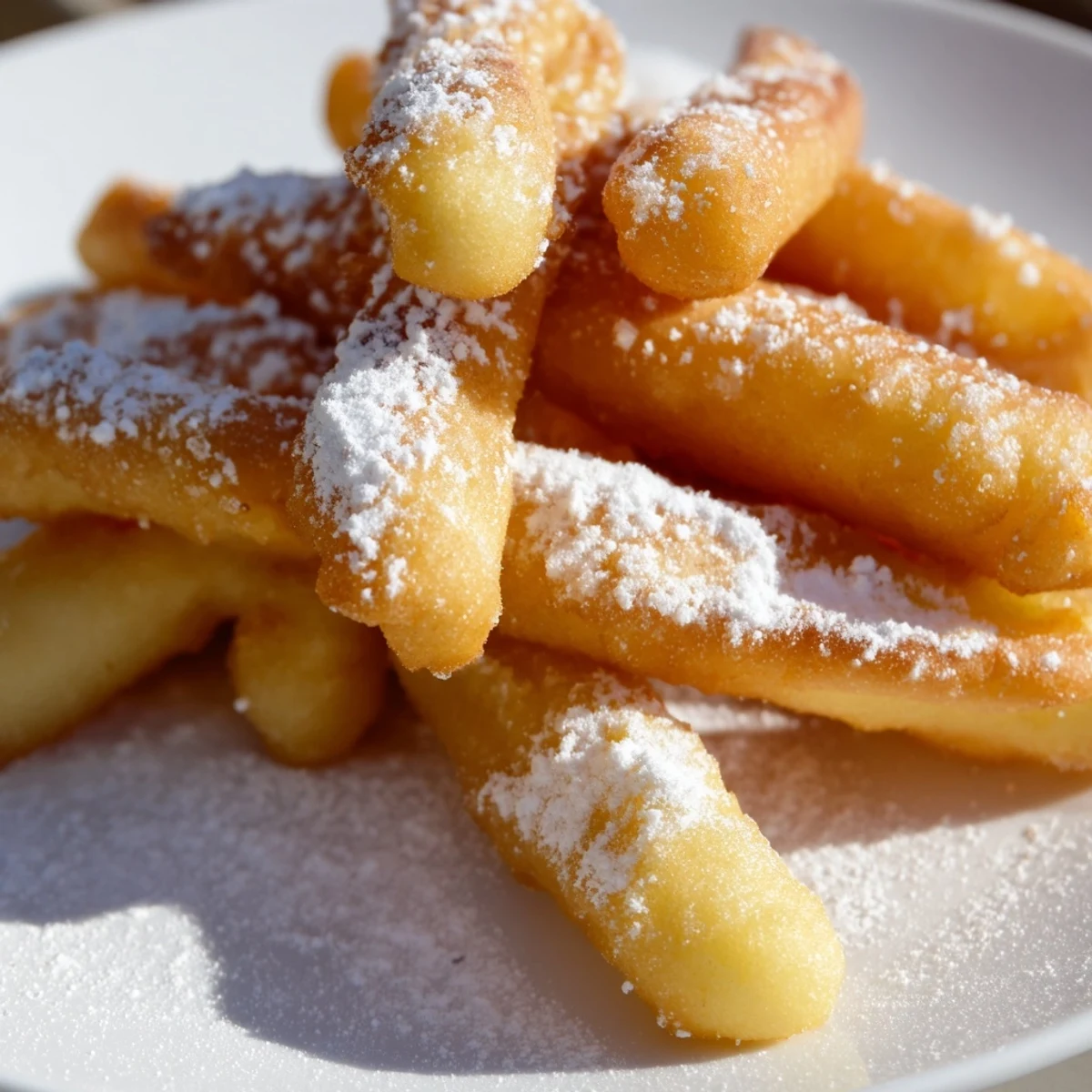 A close-up of crispy, pillowy New Orleans Beignet Fries with Sugar, lightly coated in powdered sugar and perfect for a brunch treat.