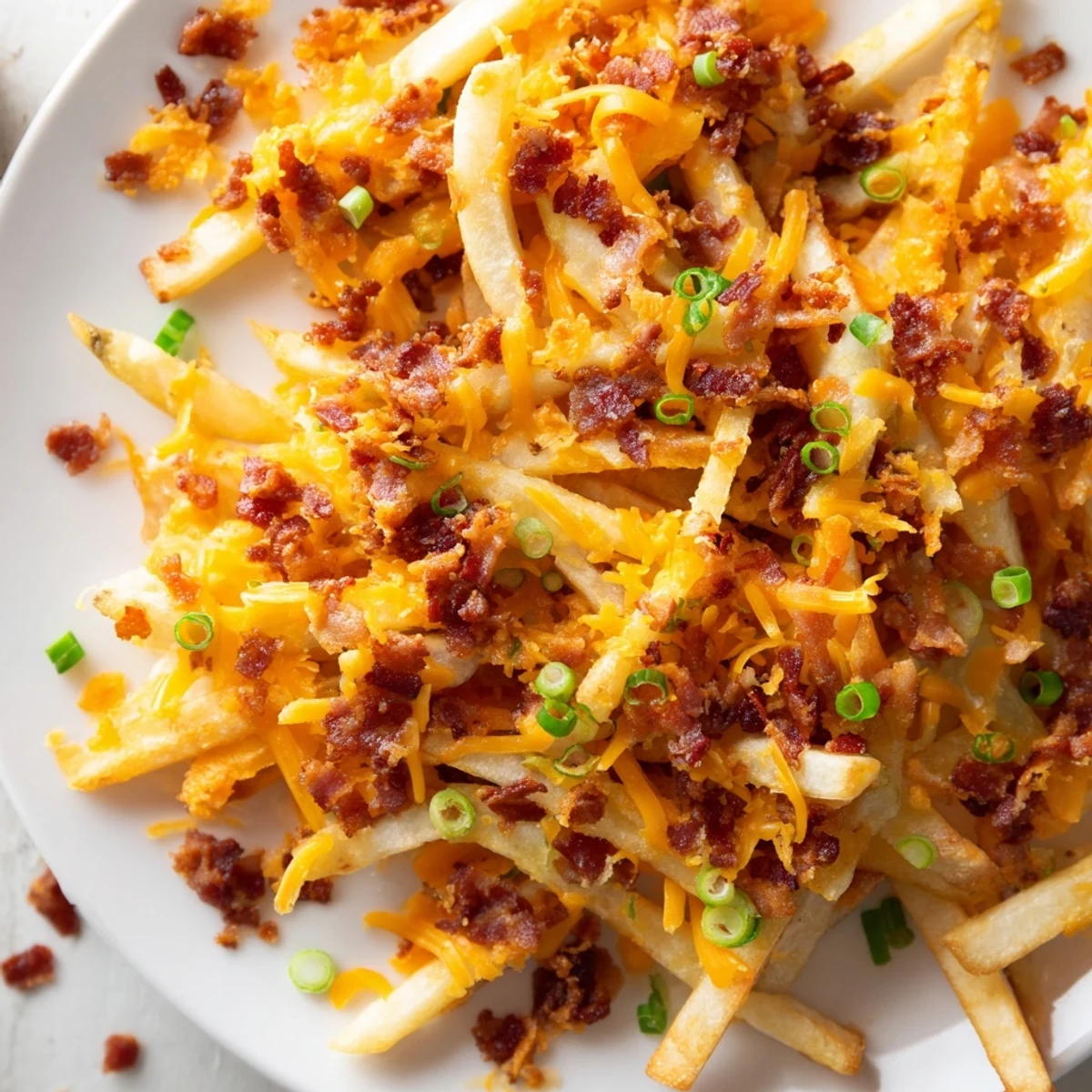 Golden, crispy fries topped with melted cheddar cheese, savory beef bacon, and fresh green onions.