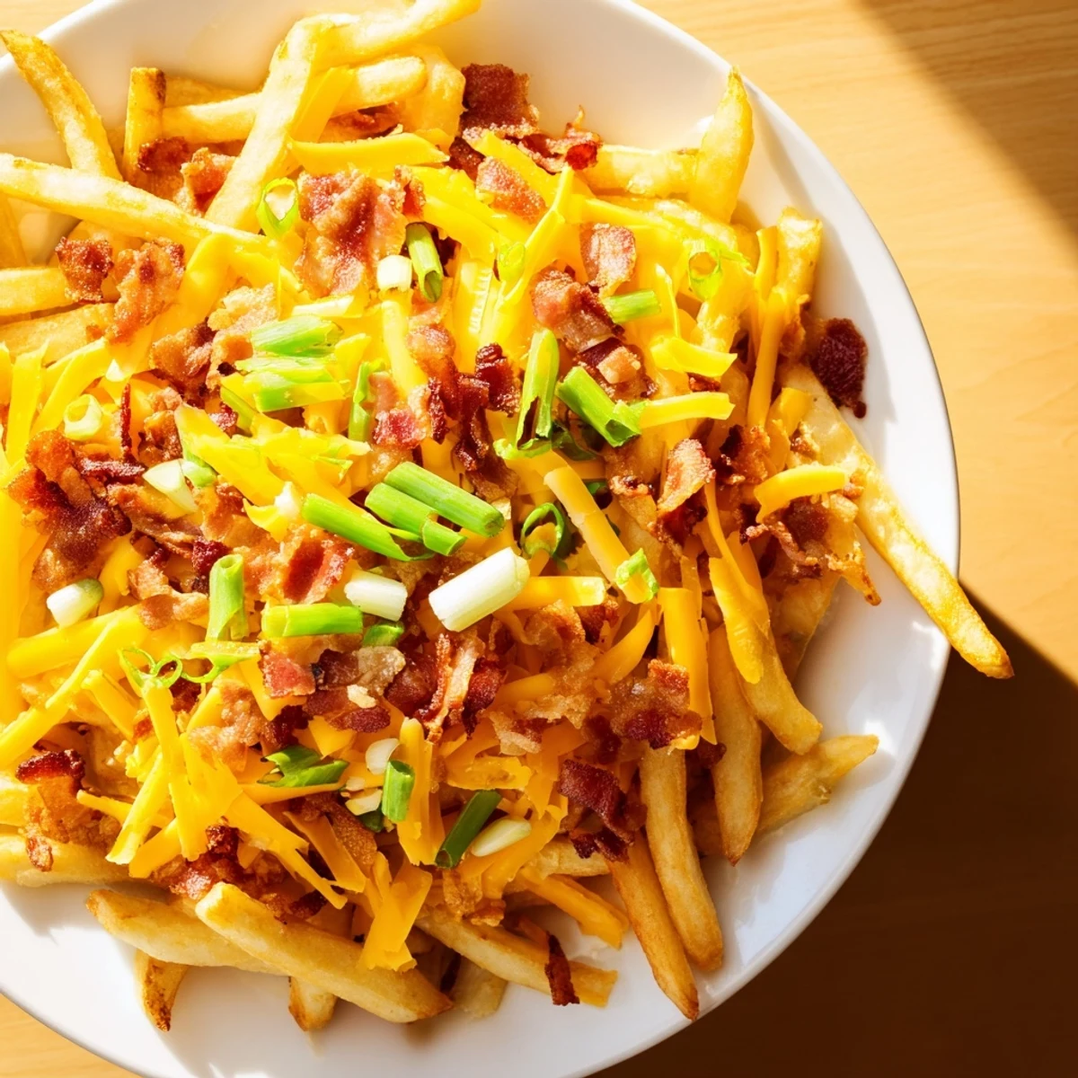 A close-up of Super Bowl Cheese Fries with beef bacon crumbles and gooey cheese on a platter.