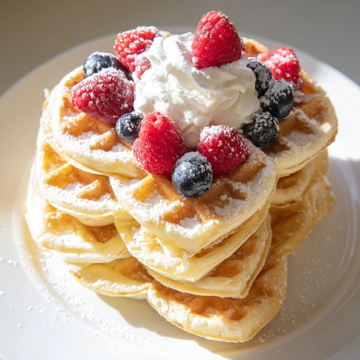 Light, fluffy heart-shaped waffles topped with fresh berries, whipped cream, and a drizzle of warm maple syrup.
