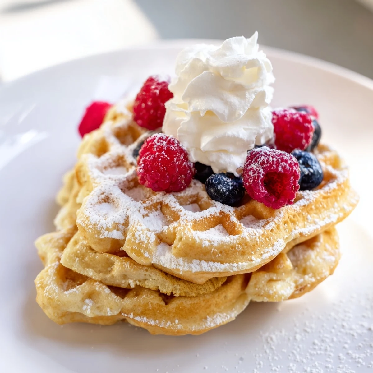 Golden brown Sweetheart Heart Shaped Waffles piled on a white plate, dusted with powdered sugar for a sweet brunch treat.