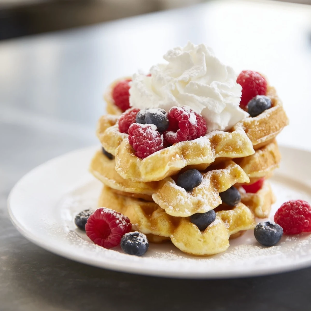 Homemade heart-shaped waffles served on a rustic wooden table, accompanied by a glass of orange juice and seasonal fruit.