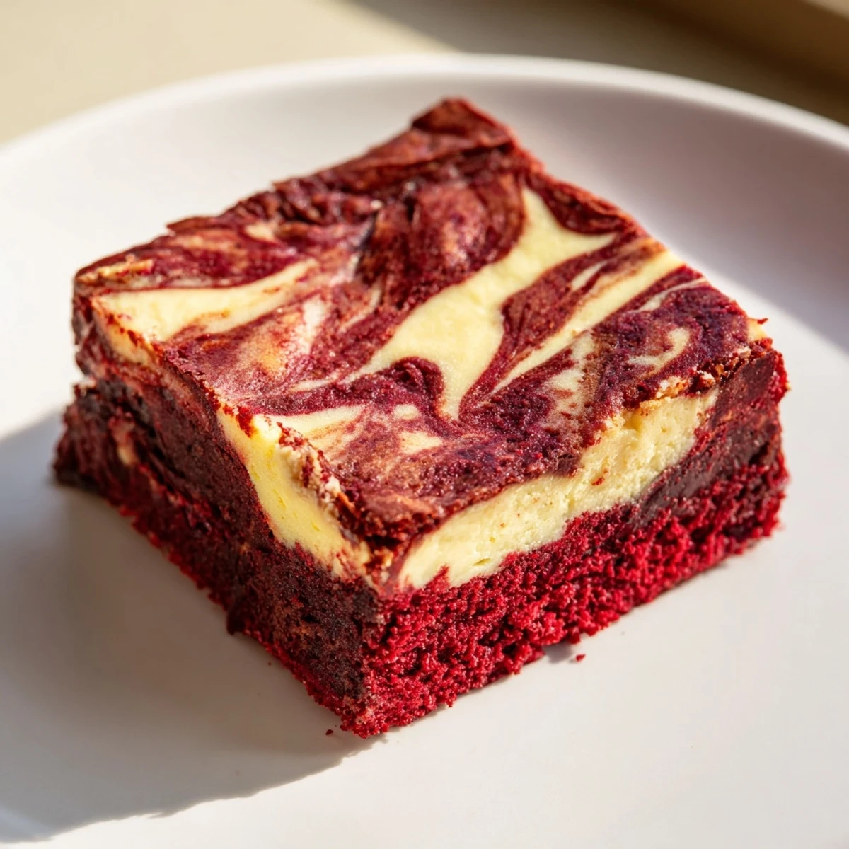 Indulgent squares of red velvet brownies with cheesecake swirl, served alongside fresh raspberries on a rustic plate for a festive treat.  