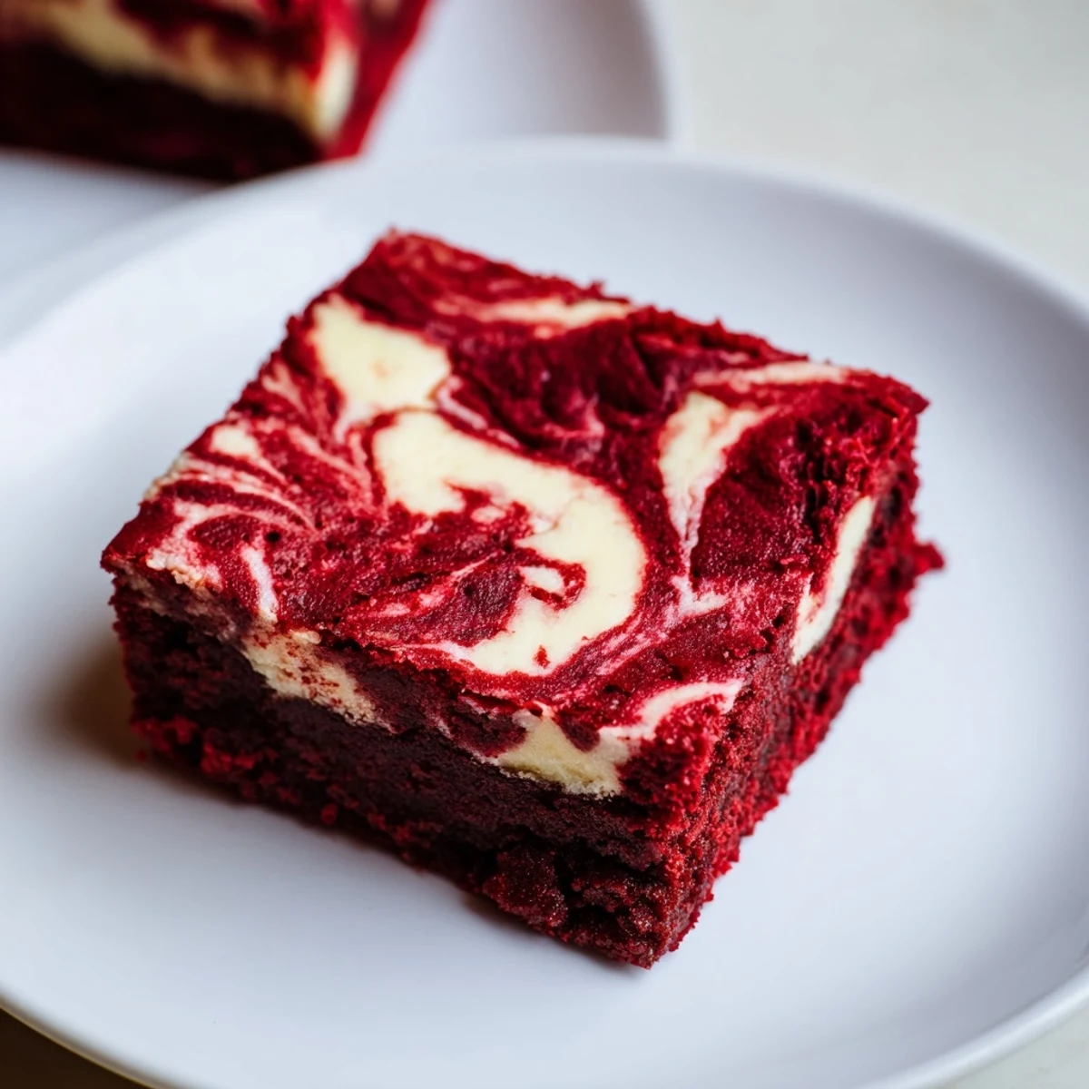 A close-up of rich red velvet brownies with cheesecake swirl, revealing fudgy interiors and creamy marbled patterns on a wooden board.  