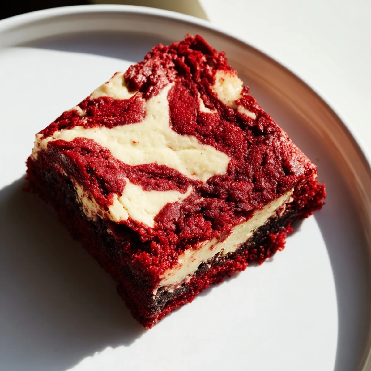 Decadent red velvet brownies with cheesecake swirl cut into neat squares, displaying vibrant red hues and smooth cream cheese layers.