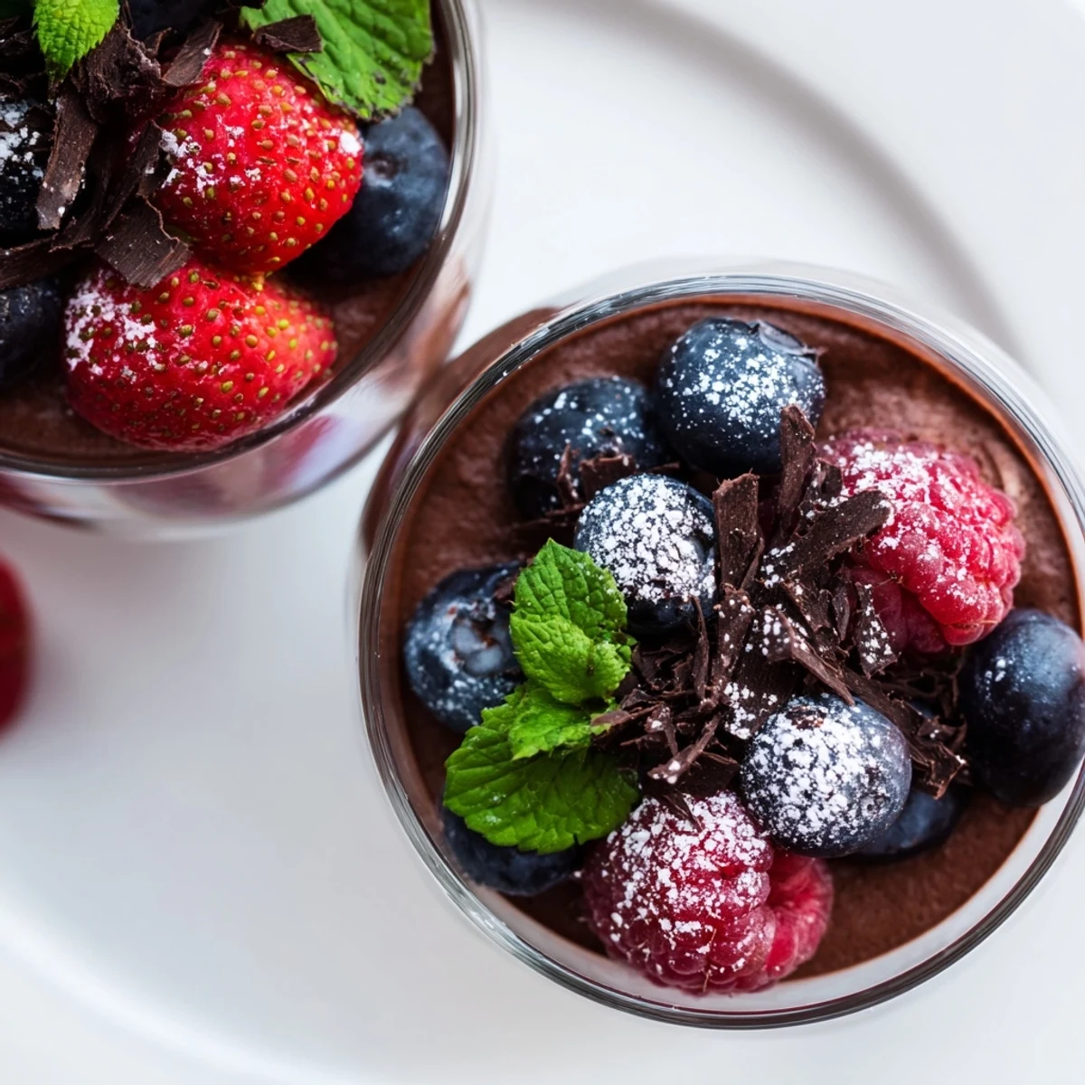 Velvety Valentine Chocolate Mousse with Berries served in a glass, garnished with mint.