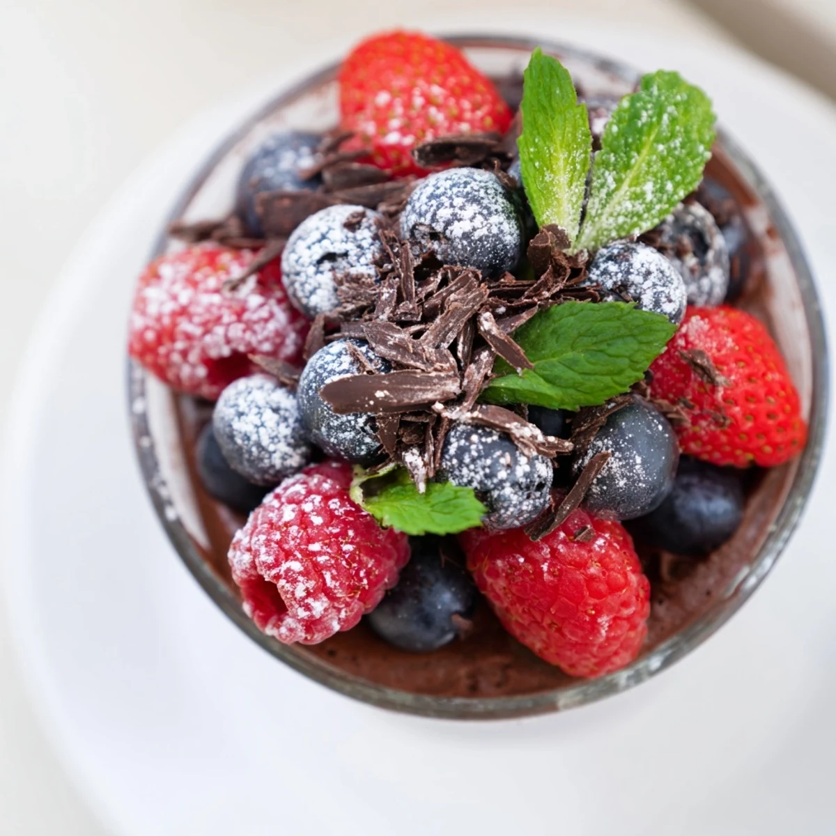 Four glasses of Valentine Chocolate Mousse with Berries topped with glossy chocolate shavings.