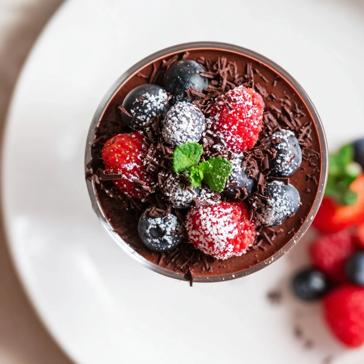 Spoon-ready Valentine Chocolate Mousse with Berries featuring fresh strawberries, raspberries, and blueberries.