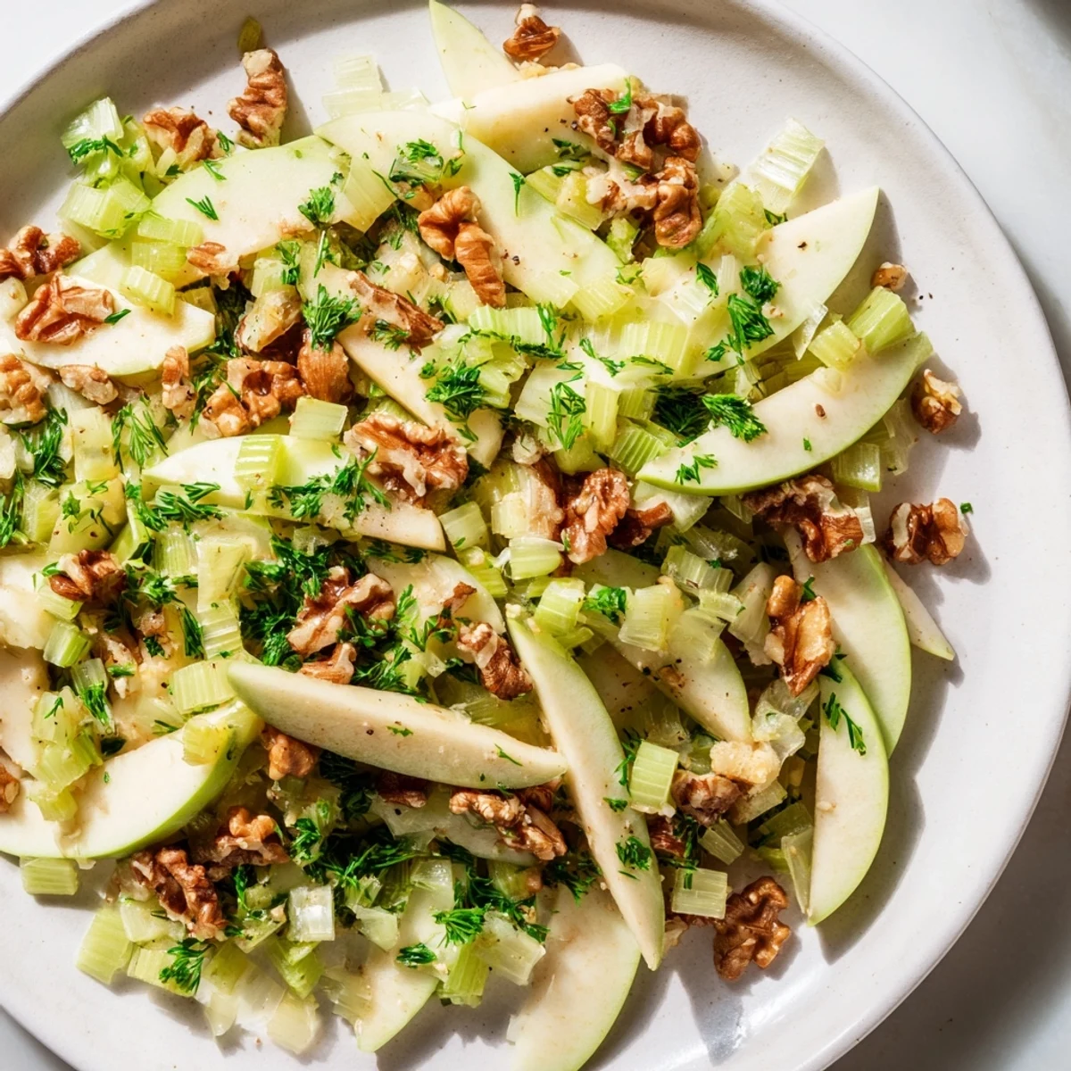 A crisp Green Apple and Celery Salad with Walnuts served on a plate, featuring thin apple slices and crunchy celery for a refreshing side dish.