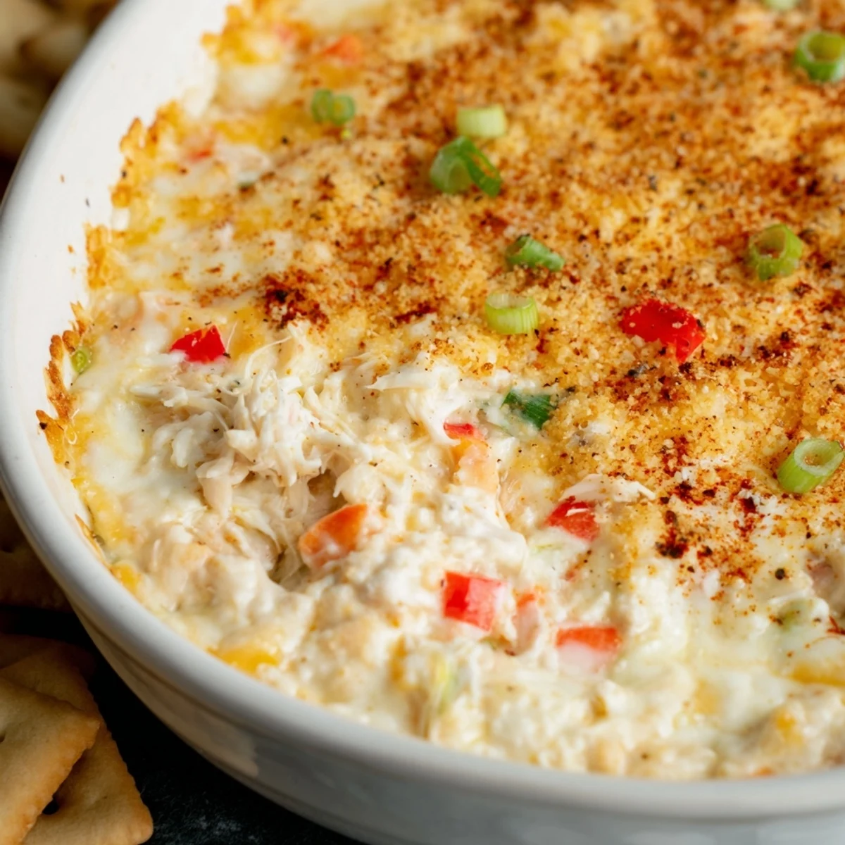 Creamy, warm Mardi Gras Crab Dip with Crackers, bubbling with Cajun spices and served for a festive party.