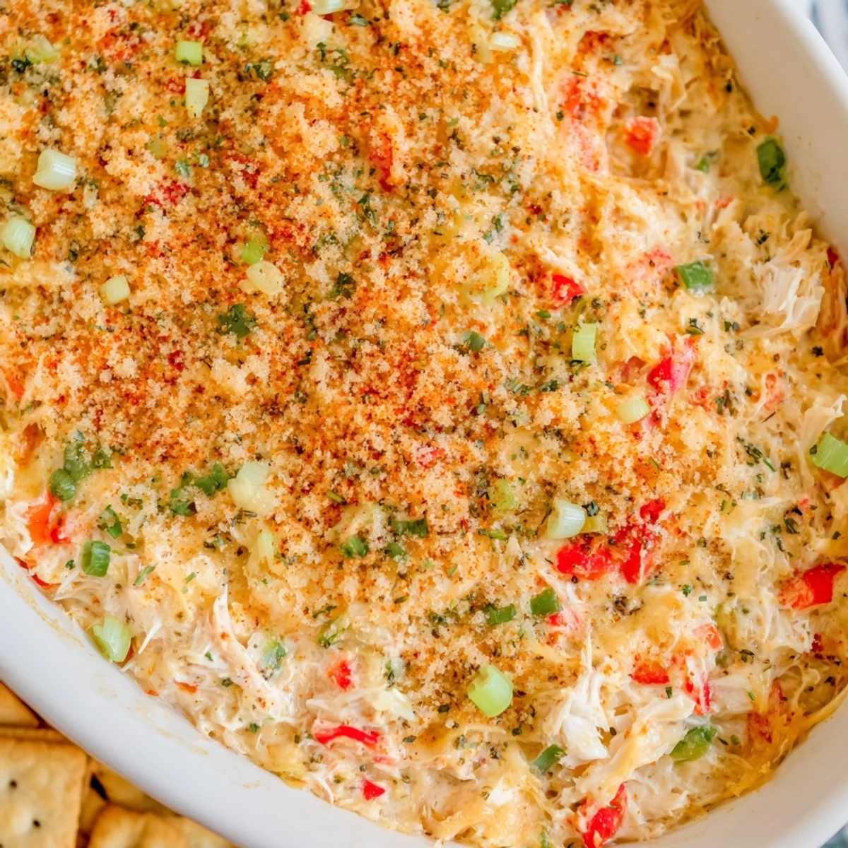 Golden-baked Mardi Gras Crab Dip with Crackers in a dish, steam rising, alongside extra crackers for dipping.