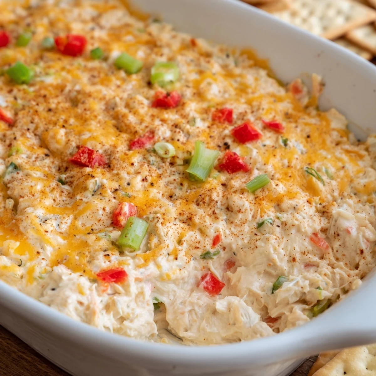Spicy Mardi Gras Crab Dip with Crackers on a platter, garnished with green onions and ready to serve.