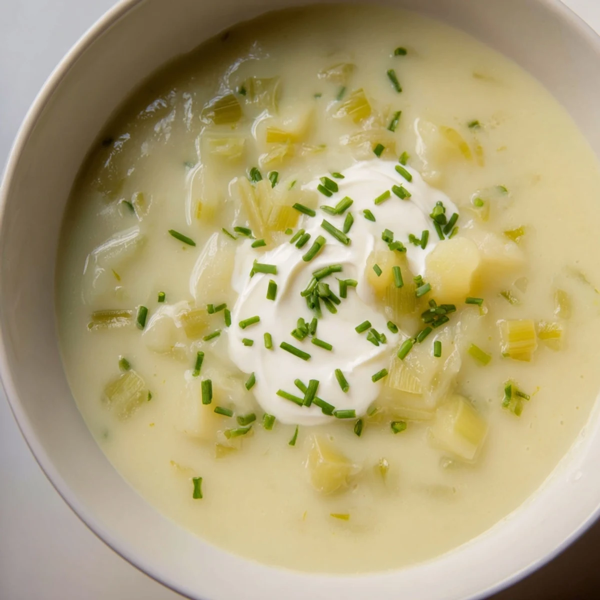 Creamy Irish Leek and Potato Soup served steaming hot in a rustic bowl, garnished with fresh green chives.
