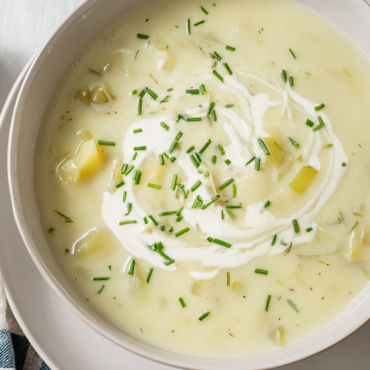 A comforting bowl of Irish Leek and Potato Soup with cream, accompanied by a spoon and fresh leeks.