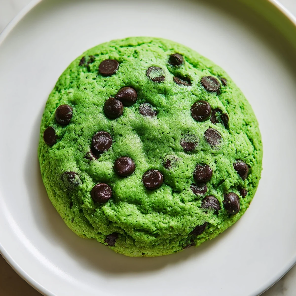 A close-up view of freshly baked Green Mint Chip Cookies, showing vibrant green dough studded with dark chocolate chips on a cooling rack.  