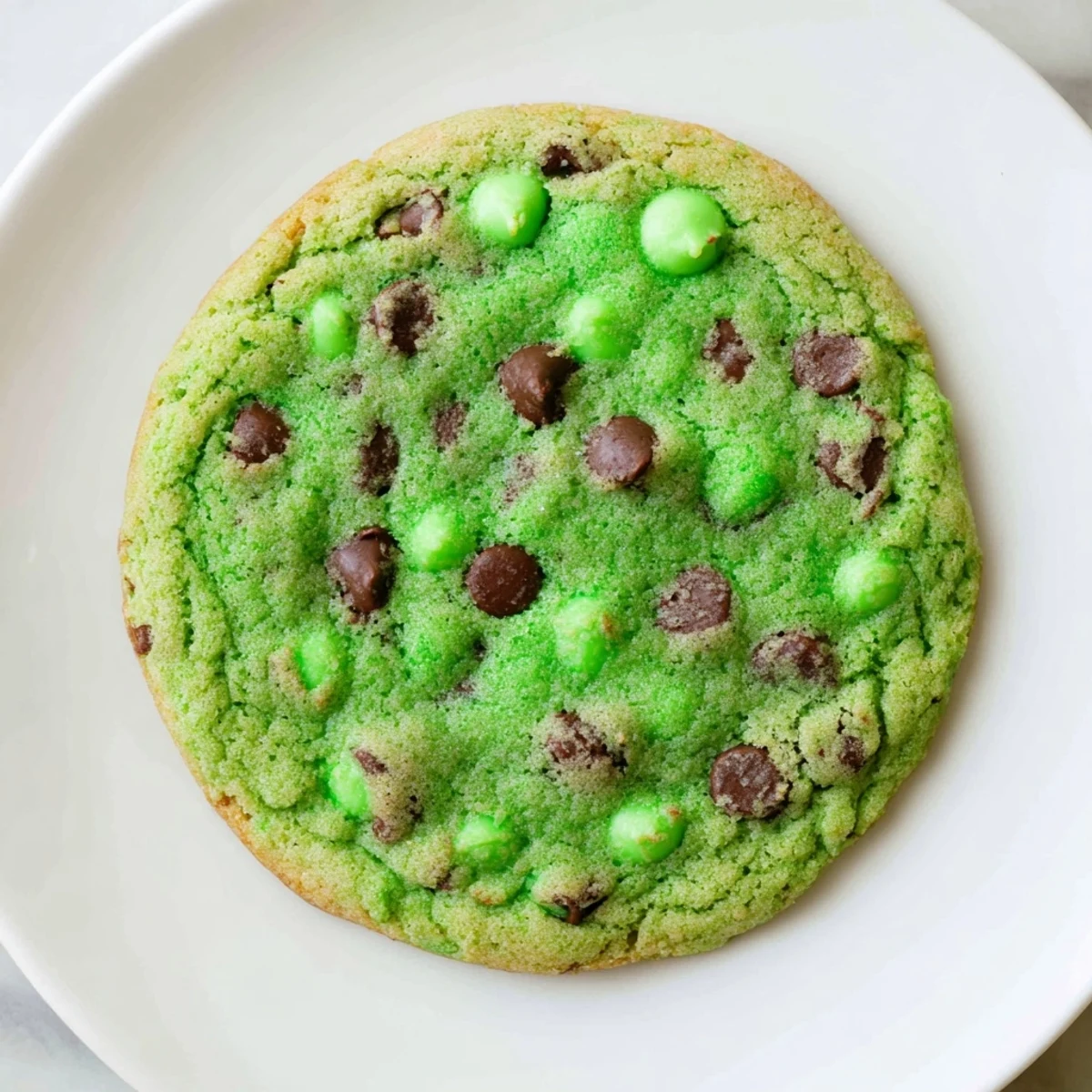 A single Green Mint Chip Cookie with a chewy texture and melted chocolate pieces, set against a soft-focus background of festive holiday décor.  