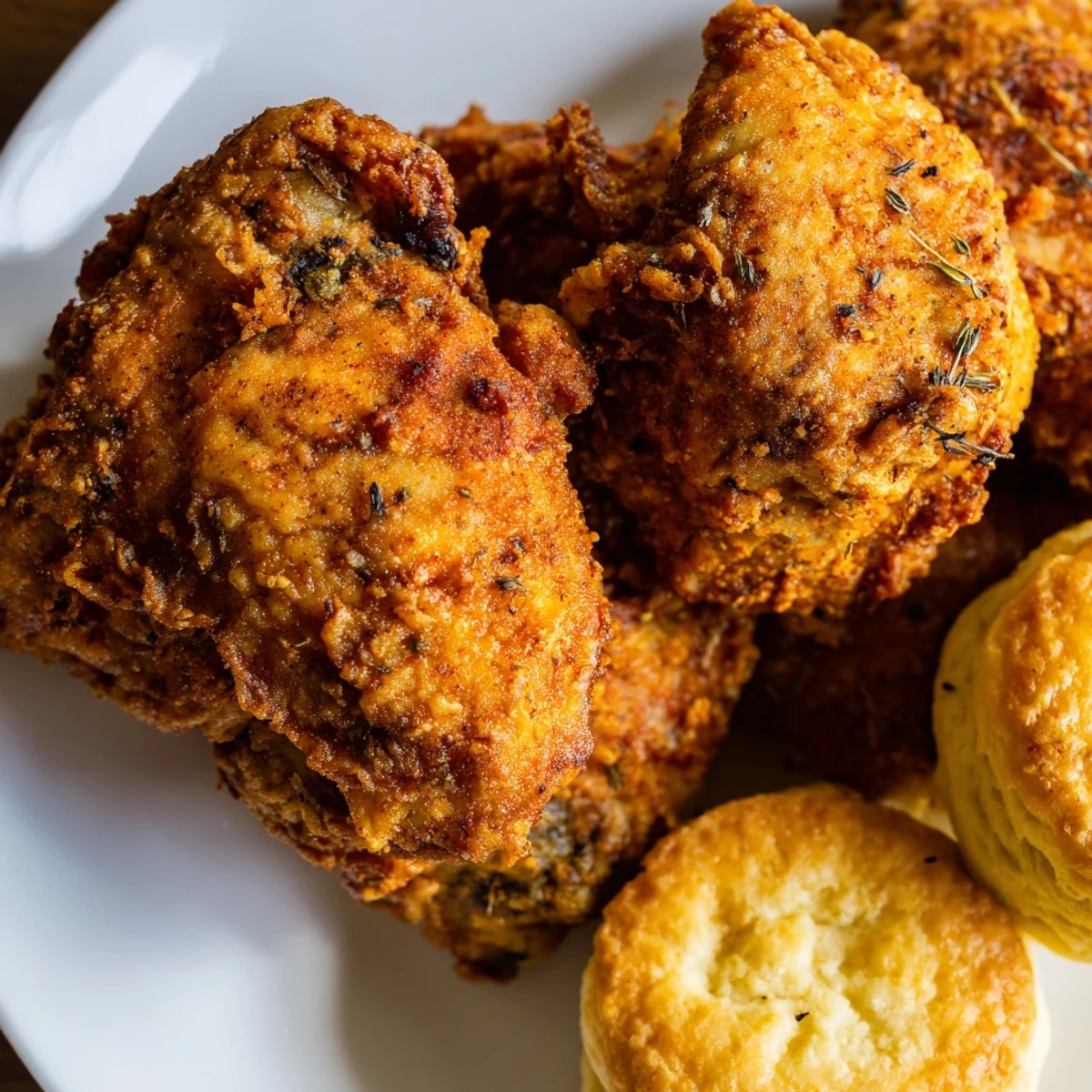 Golden-brown Cajun fried chicken thighs with crispy, spicy seasoning rest beside fluffy homemade biscuits on a rustic platter.