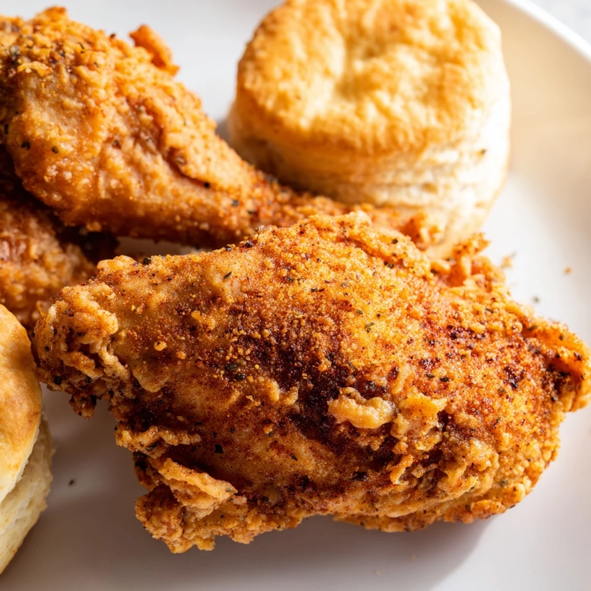 Freshly baked buttermilk biscuits, lightly brushed with butter, accompany spicy Cajun fried chicken drumsticks in this comforting Southern meal.