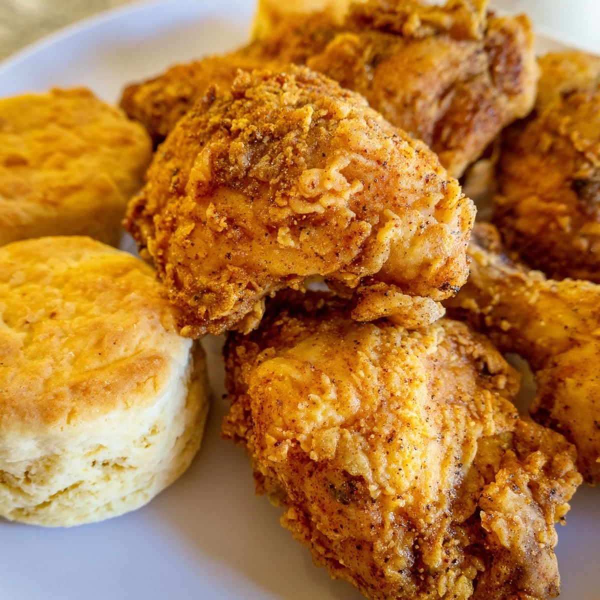 Sizzling Cajun fried chicken, dredged in seasoned flour and fried to perfection, is served hot alongside warm, tender biscuits.